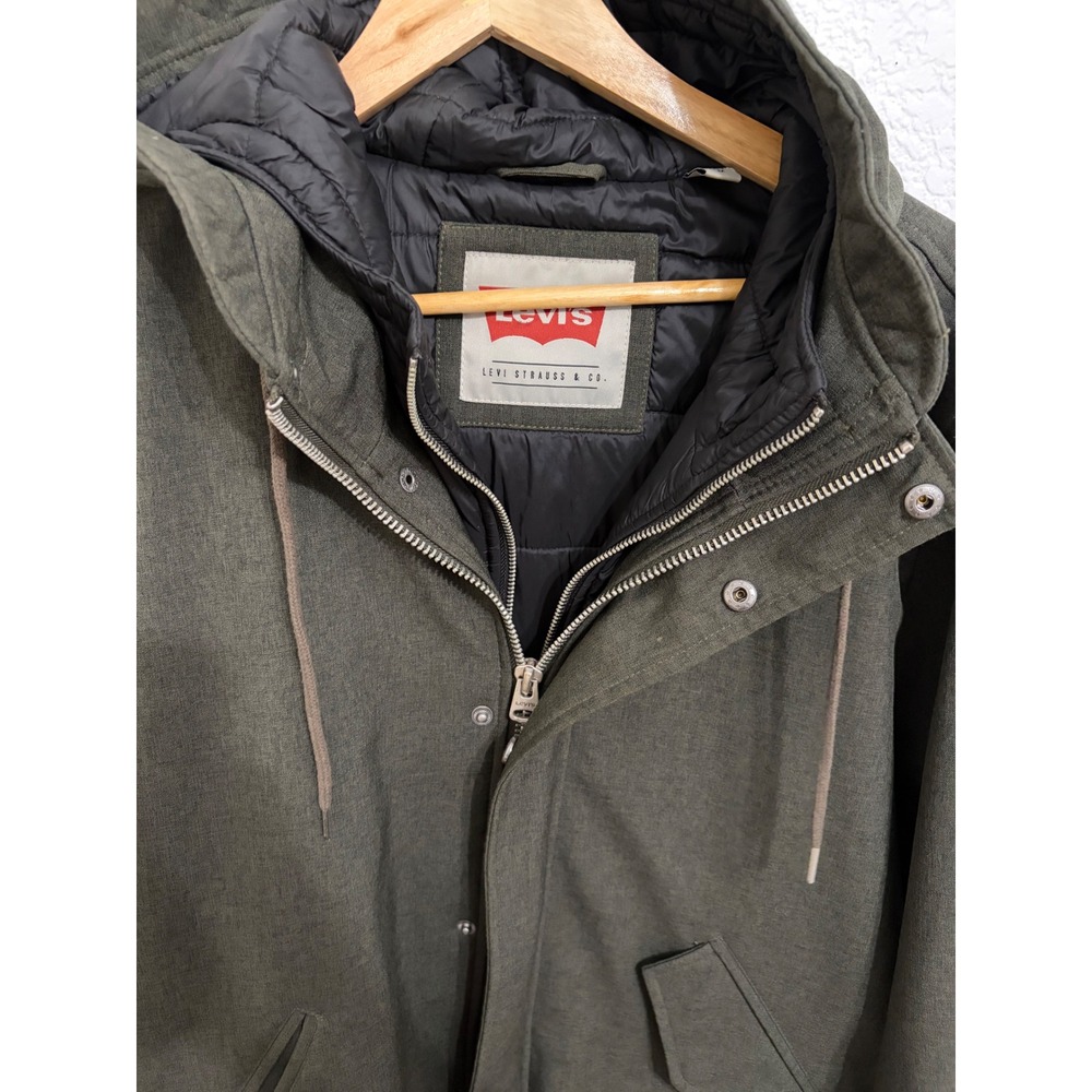 Levis Mens Hooded Parka Jacket Olive Green Quilted Lined Fishtail Coat Medium - Picture 6 of 9